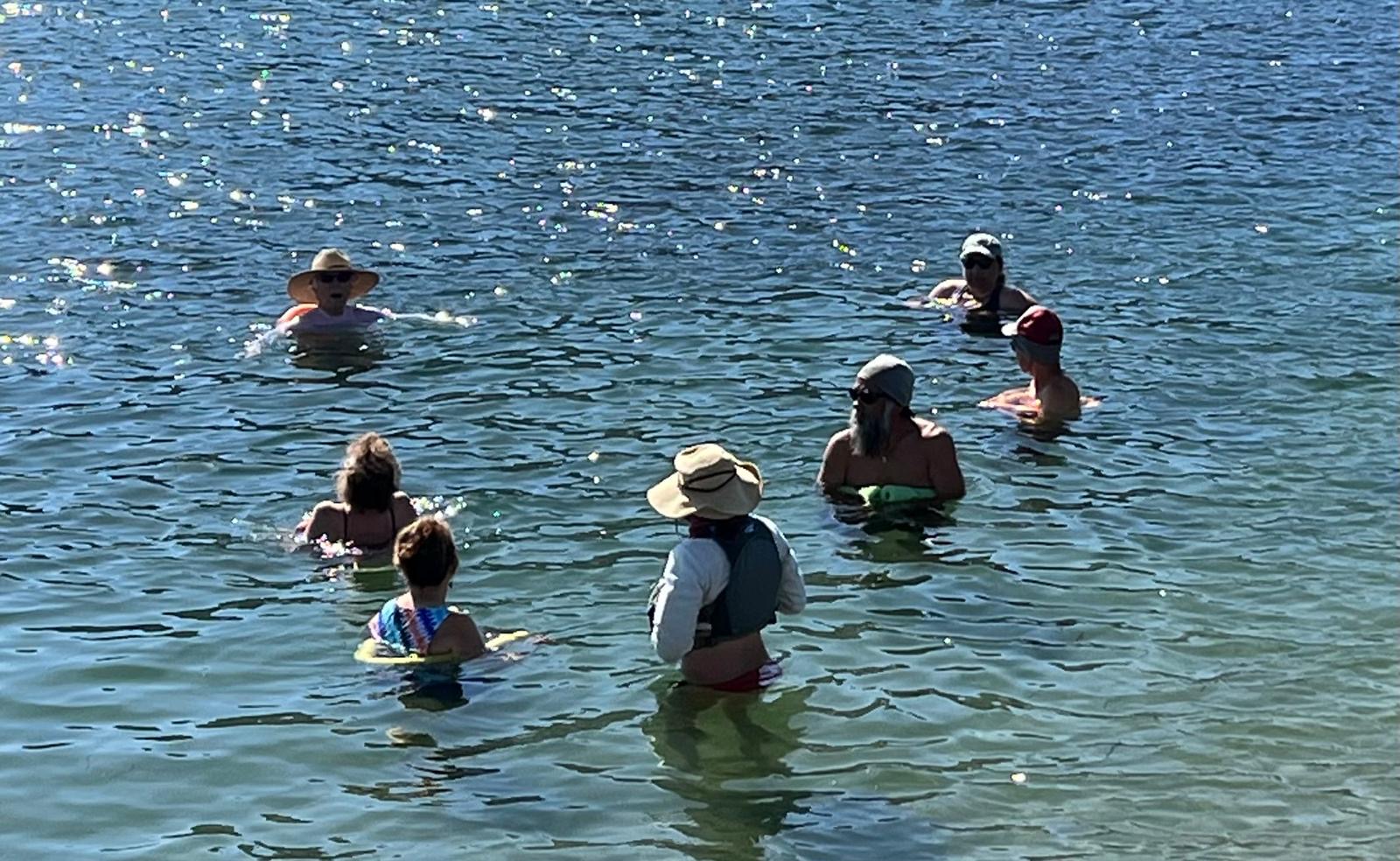 Club members in sun hats and beanies chatting in waist-deep sunlit water