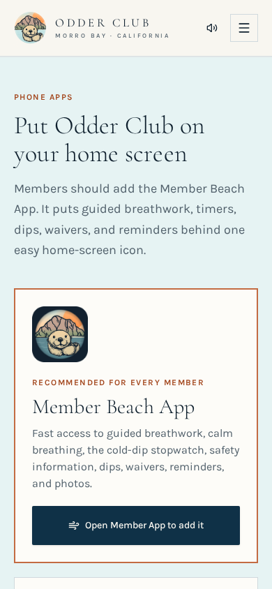 Member Beach App screen with guided breathwork, timers, dips, waivers, reminders, and photos